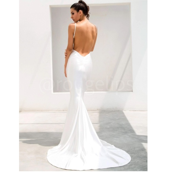 White Deep V Neck Backless Ruched Long Wedding Slip Sheath Dress - Picture 3 of 17